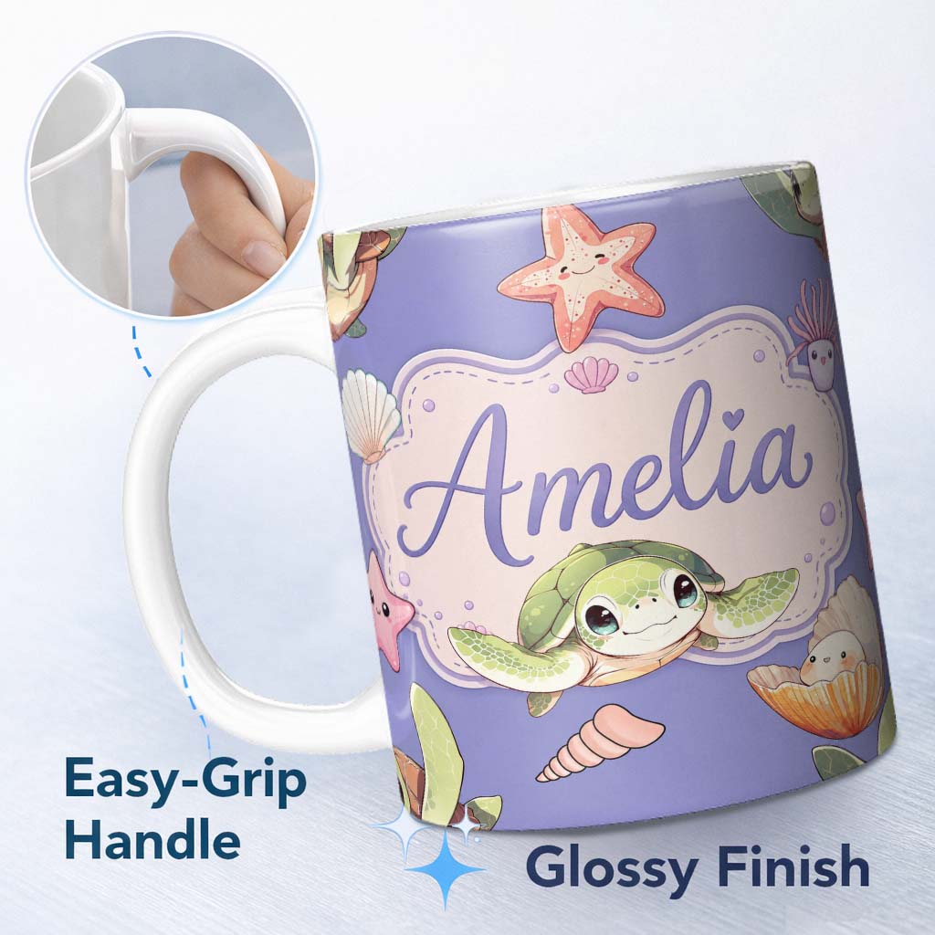 Personalized Custom Name Cute Cartoon Sea Turtle Starfish Shells on Purple Background Lovely 11oz Ceramic Coffee Tea Mug White Large Handle
