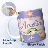 Personalized Custom Name Cute Cartoon Sea Turtle Starfish Shells on Purple Background Lovely 11oz Ceramic Coffee Tea Mug White Large Handle