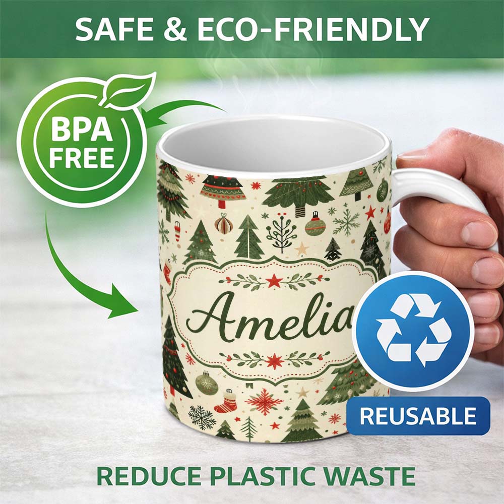 Personalized Custom Name Classic Christmas Tree Illustrations with Baubles Snowflakes and 11oz Ceramic Coffee Tea Mug White Large Handle