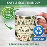 Personalized Custom Name Classic Christmas Tree Illustrations with Baubles Snowflakes and 11oz Ceramic Coffee Tea Mug White Large Handle