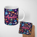 Personalized Custom Name Cartoon Ocean with Various Sea Creatures on Rich Purple Background 11oz Ceramic Coffee Tea Mug White Large Handle