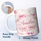 Personalized Custom Name Watercolor Pink Ribbon Bow Seamless Pattern on Soft Pink Background 11oz Ceramic Coffee Tea Mug White Large Handle
