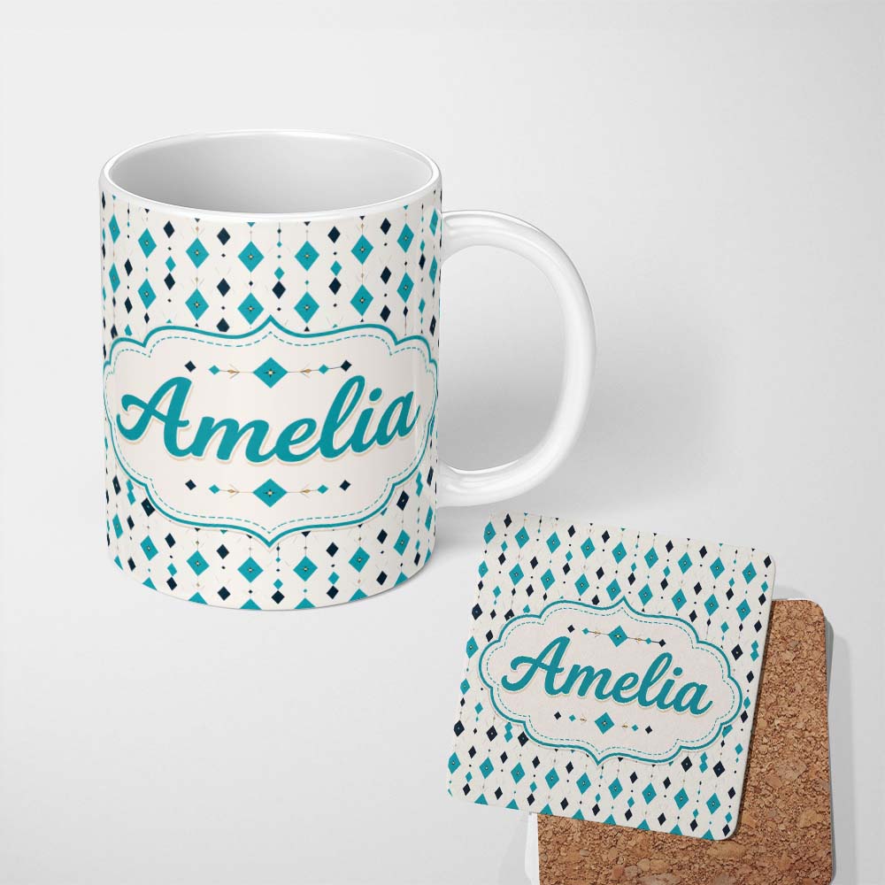 Personalized Custom Name Minimal Teal Black Diamond Geometric Seamless Pattern Lovely 11oz Ceramic Coffee Tea Mug White Large Handle