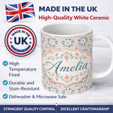 Personalized Custom Name Soft Pastel Decorative Tile Pattern with Light Blue and Coral Motifs 11oz Ceramic Coffee Tea Mug White Large Handle
