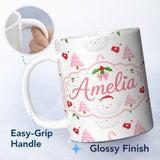 Personalized Custom Name Cute Winter Bird Santa Hat Candy Cane Holly Seamless Pattern Lovely 11oz Ceramic Coffee Tea Mug White Large Handle