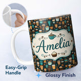 Personalized Custom Name Coffee Shop Drinks Desserts and Cups Detailed Seamless Pattern 11oz Ceramic Coffee Tea Mug White Large Handle