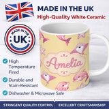 Personalized Custom Name Cute Pink Dolphins and Starfish Seamless Ocean Pattern Yellow Lovely 11oz Ceramic Coffee Tea Mug White Large Handle