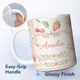 Personalized Custom Name Strawberry Cherry Bow Seamless Pattern Cute Pastel Coquette Design 11oz Ceramic Coffee Tea Mug White Large Handle