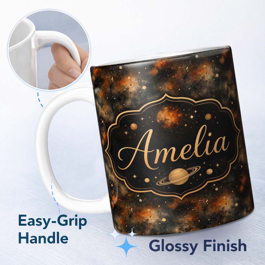 Personalized Custom Name Dark Brown Gold Nebula Galaxy Space Seamless Pattern Moody Cosmic 11oz Ceramic Coffee Tea Mug White Large Handle