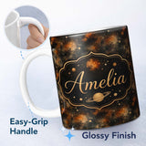 Personalized Custom Name Dark Brown Gold Nebula Galaxy Space Seamless Pattern Moody Cosmic 11oz Ceramic Coffee Tea Mug White Large Handle
