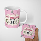 Personalized Custom Name Cute Panda Bear with Bamboo Leaves Floral Seamless Pattern Soft Pink 11oz Ceramic Coffee Tea Mug White Large Handle