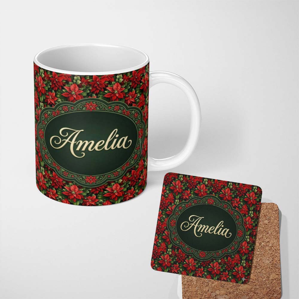 Personalized Custom Name Bold Festive Poinsettia with Deep Green Leaves Seamless Pattern 11oz Ceramic Coffee Tea Mug White Large Handle