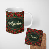Personalized Custom Name Bold Festive Poinsettia with Deep Green Leaves Seamless Pattern 11oz Ceramic Coffee Tea Mug White Large Handle