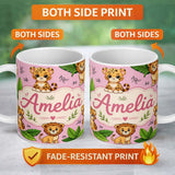 Personalized Custom Name Cute Jungle Animals Lion Tiger Leopard Tropical Leaves Soft Pink 11oz Ceramic Coffee Tea Mug White Large Handle