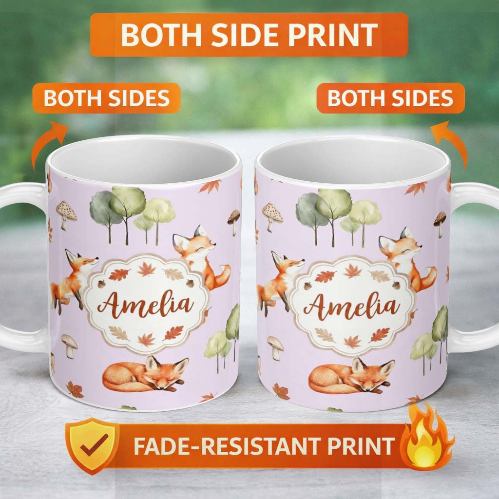 Personalized Custom Name Woodland Fox with Trees Leaves Mushrooms Soft Lavender Seamless 11oz Ceramic Coffee Tea Mug White Large Handle