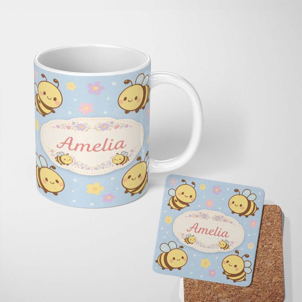 Personalized Custom Name Cute Bee Flower Cartoon Animal Pattern Stylish Everyday Mug Lovely 11oz Ceramic Coffee Tea Mug White Large Handle