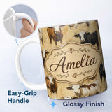 Personalized Custom Name Painterly Cow Cattle Portrait Farm Animal Seamless Pattern Lovely 11oz Ceramic Coffee Tea Mug White Large Handle