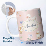 Personalized Custom Name Swan and Ducklings with Flowers Mushrooms Soft Pink Seamless 11oz Ceramic Coffee Tea Mug White Large Handle