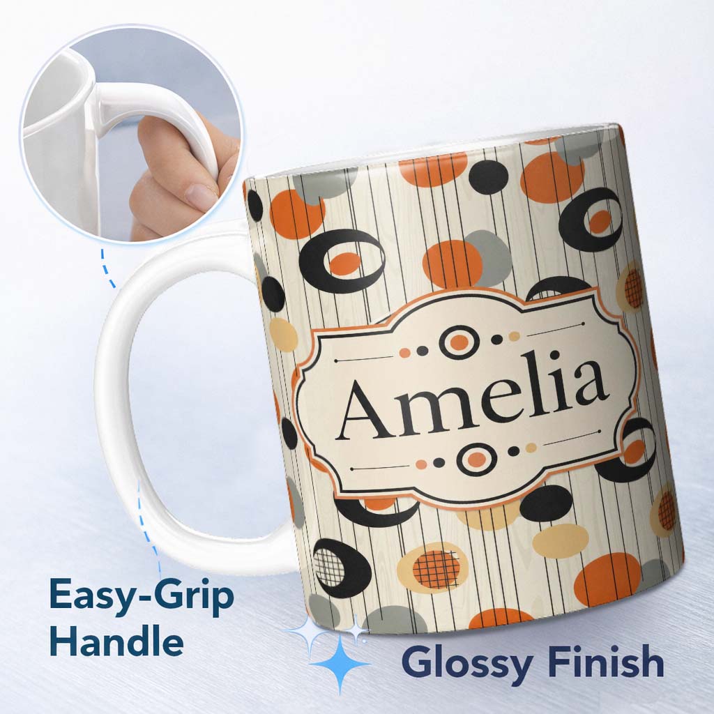 Personalized Custom Name Abstract Black Orange Mid Century Atomic Shapes Seamless Pattern 11oz Ceramic Coffee Tea Mug White Large Handle