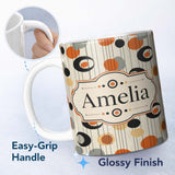 Personalized Custom Name Abstract Black Orange Mid Century Atomic Shapes Seamless Pattern 11oz Ceramic Coffee Tea Mug White Large Handle