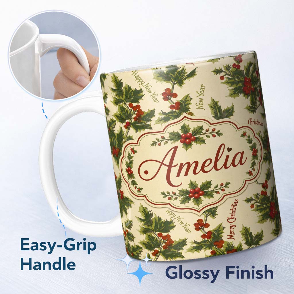 Personalized Custom Name Festive Holly Berries Merry Christmas Text Seamless Pattern Lovely 11oz Ceramic Coffee Tea Mug White Large Handle