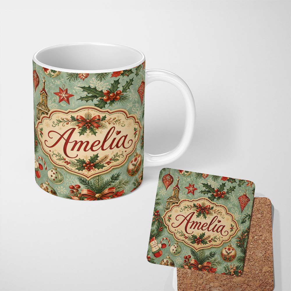 Personalized Custom Name Vintage Christmas Baubles Holly Berries Candy Cane and Snowflakes 11oz Ceramic Coffee Tea Mug White Large Handle