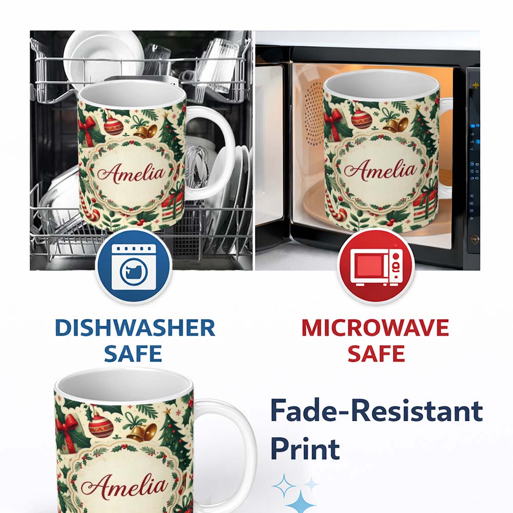 Personalized Custom Name Festive Christmas Stocking Gifts Bells Holly Leaves Seamless Pattern 11oz Ceramic Coffee Tea Mug White Large Handle
