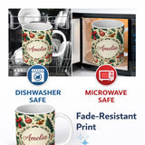 Personalized Custom Name Festive Christmas Stocking Gifts Bells Holly Leaves Seamless Pattern 11oz Ceramic Coffee Tea Mug White Large Handle