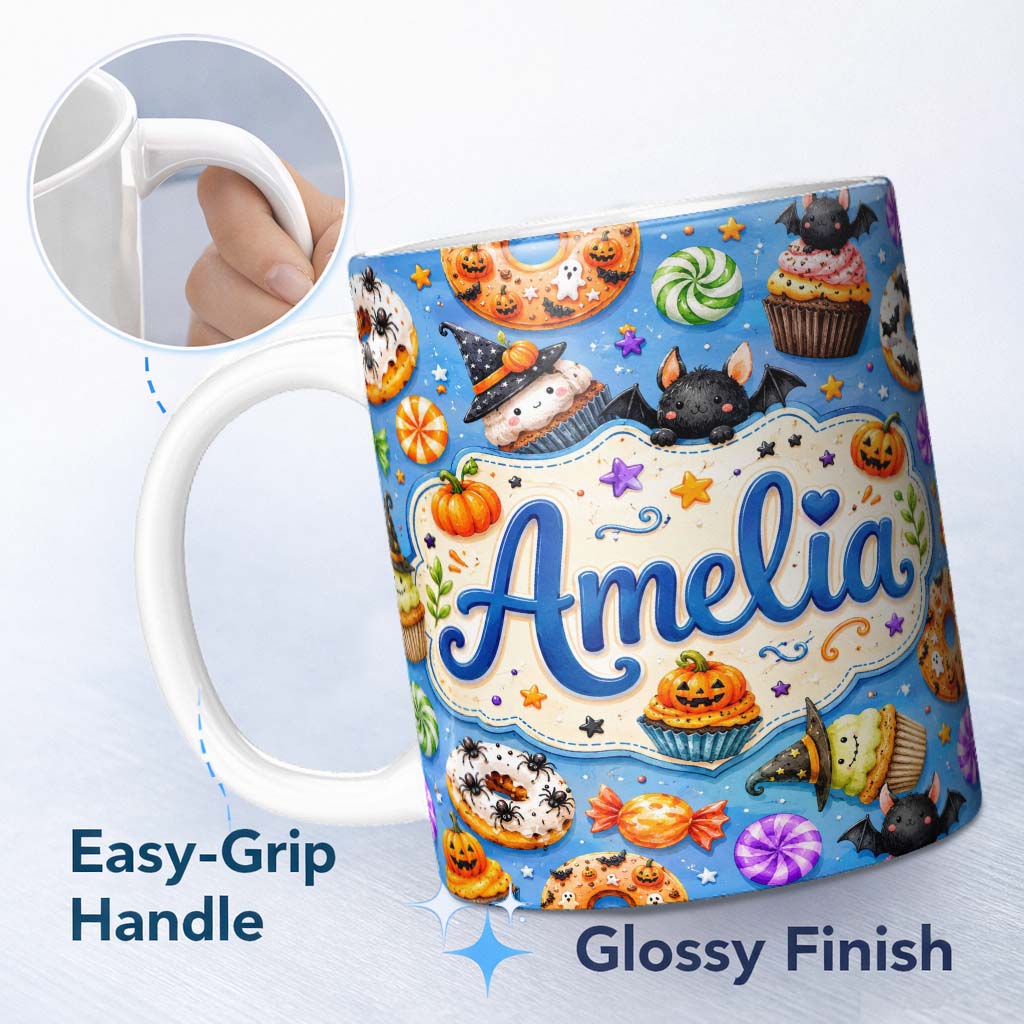 Personalized Custom Name Cute Halloween Spooky Donut Cupcakes Treat Sky Blue Background 11oz Ceramic Coffee Tea Mug White Large Handle