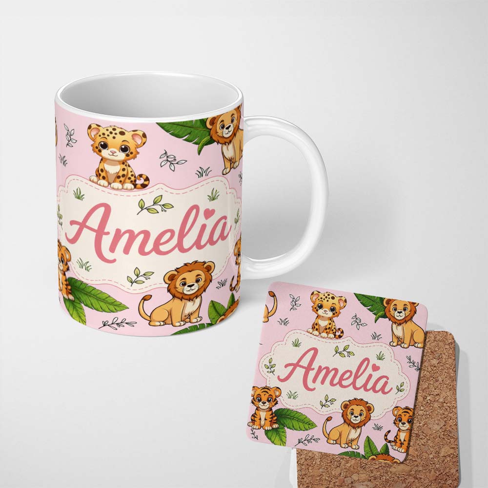 Personalized Custom Name Cute Jungle Animals Lion Tiger Leopard Tropical Leaves Blush Pink 11oz Ceramic Coffee Tea Mug White Large Handle