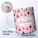 Personalized Custom Name Modern Pink Black Christmas Trees Snowflakes Seamless Pattern Lovely 11oz Ceramic Coffee Tea Mug White Large Handle