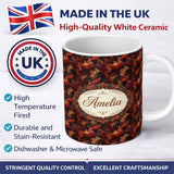 Personalized Custom Name Rich Red Gold Ornamental Leaf Swirl Seamless Pattern Lovely 11oz Ceramic Coffee Tea Mug White Large Handle