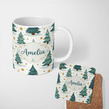 Personalized Custom Name Snowy Christmas Pine Trees with Golden Stars Winter Seamless Pattern 11oz Ceramic Coffee Tea Mug White Large Handle