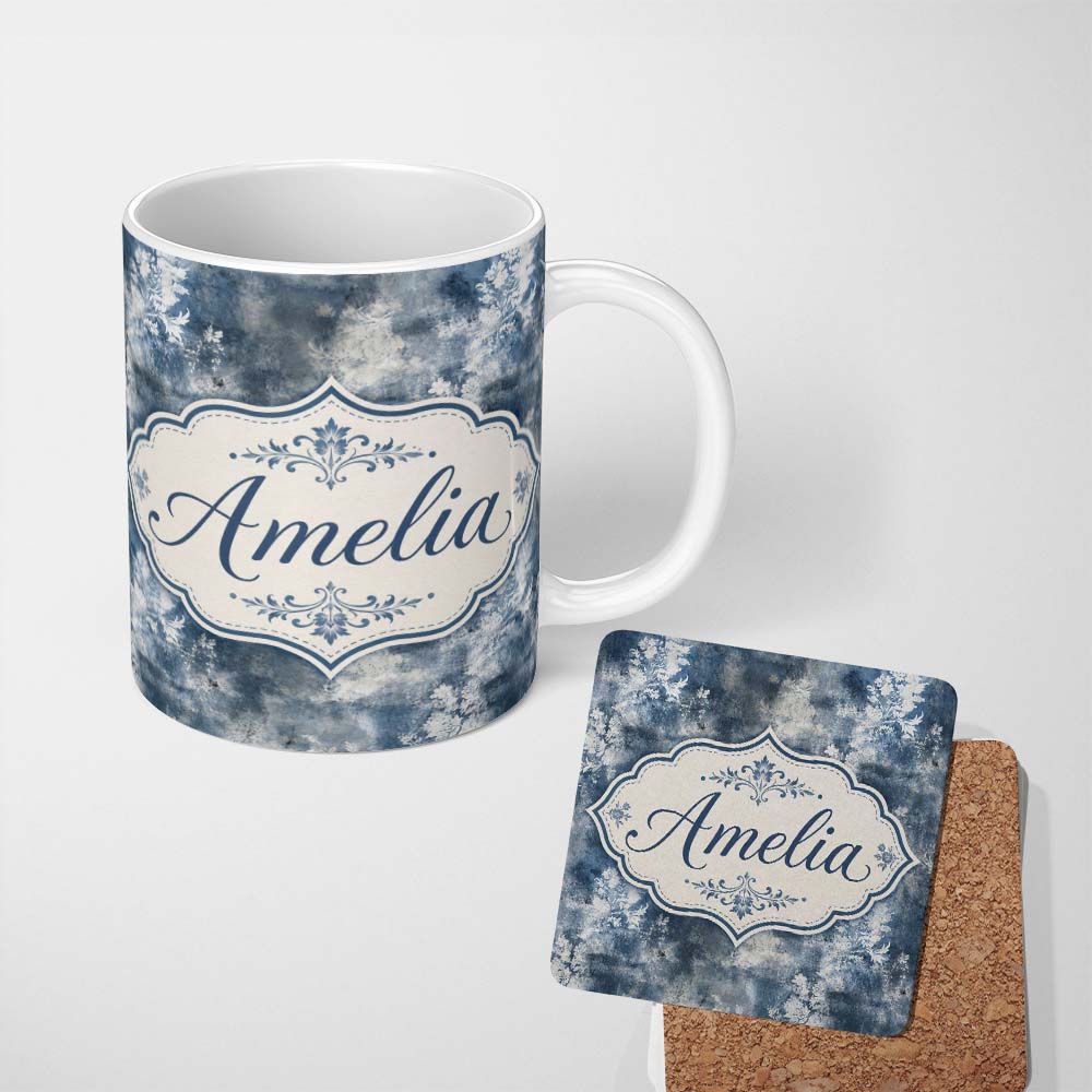 Personalized Custom Name Vintage Blue Watercolour Floral Toile Seamless Pattern with Lovely 11oz Ceramic Coffee Tea Mug White Large Handle