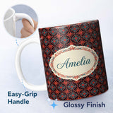 Personalized Custom Name Vintage Floral Tile Geometric Seamless Pattern Perfect Gift for Her 11oz Ceramic Coffee Tea Mug White Large Handle