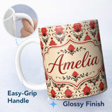 Personalized Custom Name Distressed Red Damask Vintage Texture Seamless Pattern Lovely 11oz Ceramic Coffee Tea Mug White Large Handle