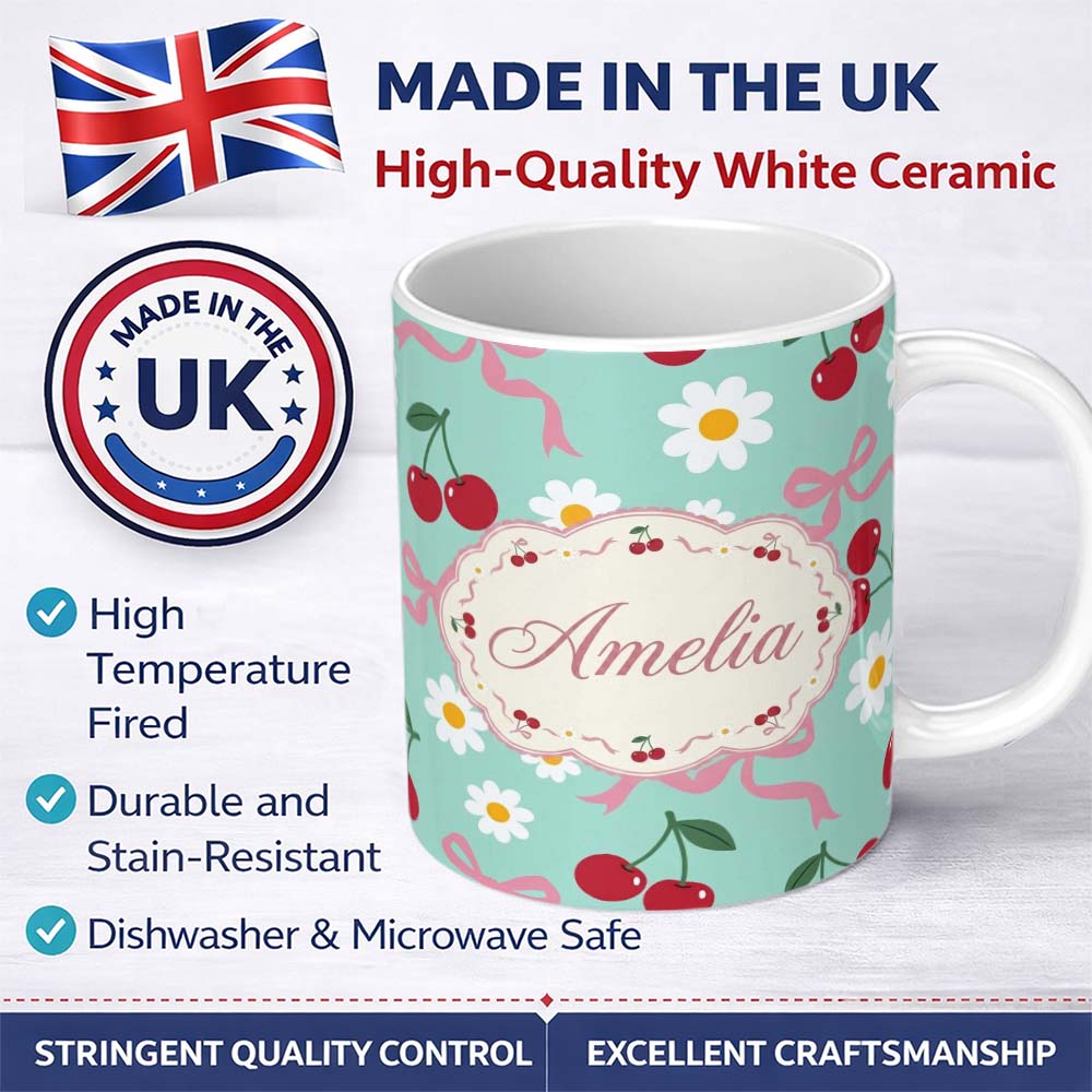 Personalized Custom Name Cute Cherry Bow and Daisy Seamless Pattern on Teal Cute Unique Gift 11oz Ceramic Coffee Tea Mug White Large Handle
