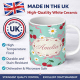 Personalized Custom Name Cute Cherry Bow and Daisy Seamless Pattern on Teal Cute Unique Gift 11oz Ceramic Coffee Tea Mug White Large Handle