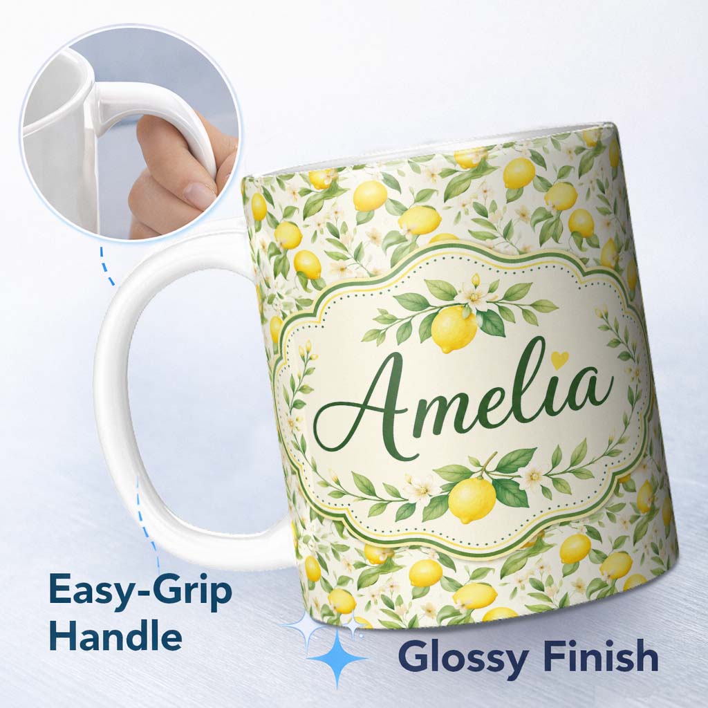 Personalized Custom Name Soft Watercolour Lemons and Blossoms Botanical Seamless Pattern 11oz Ceramic Coffee Tea Mug White Large Handle