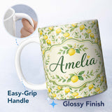 Personalized Custom Name Soft Watercolour Lemons and Blossoms Botanical Seamless Pattern 11oz Ceramic Coffee Tea Mug White Large Handle