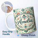Personalized Custom Name Vintage Inspired Floral Medallion Teal and Red Seamless Pattern 11oz Ceramic Coffee Tea Mug White Large Handle