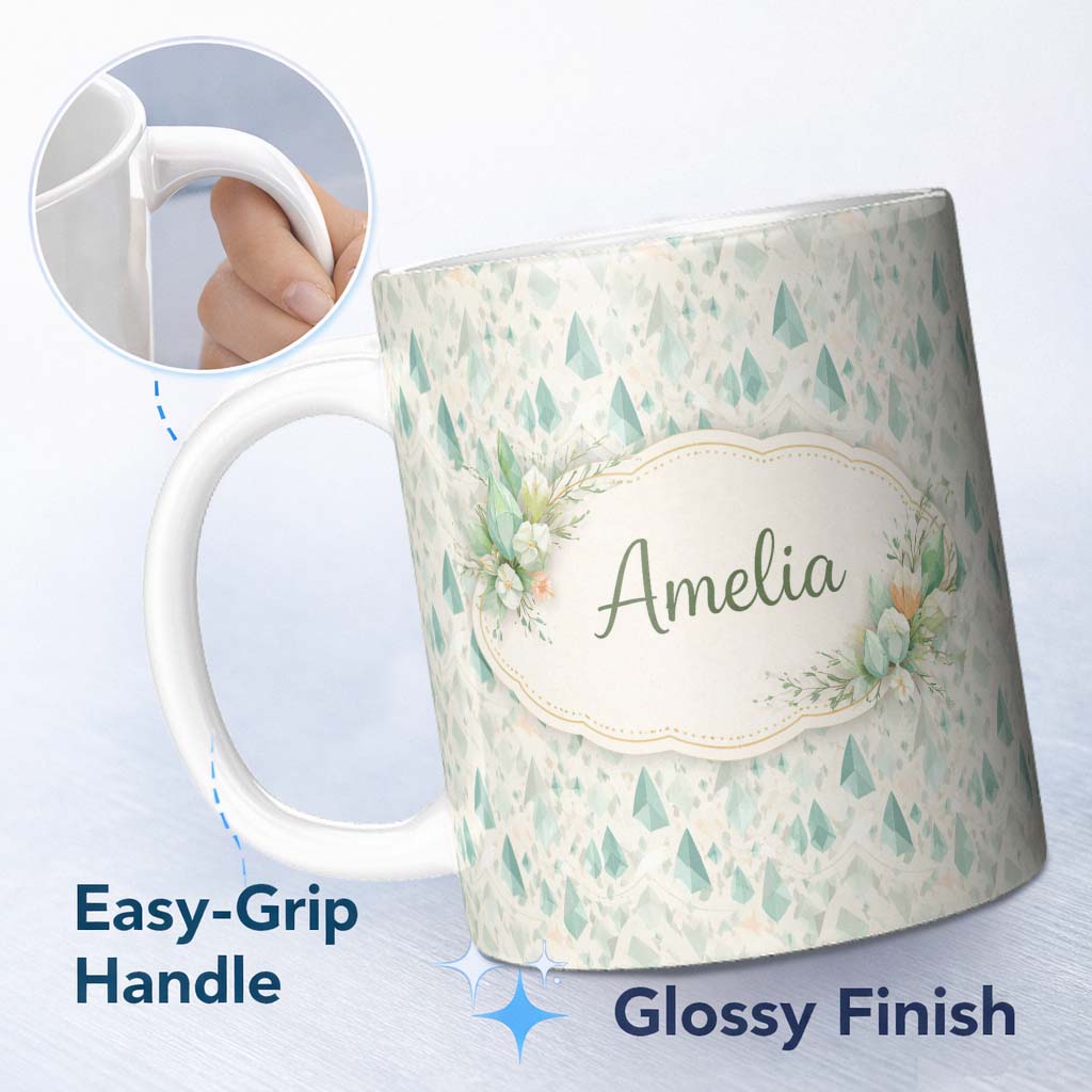 Personalized Custom Name Soft Pastel Green Geometric Crystal Seamless Pattern Lovely 11oz Ceramic Coffee Tea Mug White Large Handle