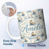 Personalized Custom Name Adorable Seal Illustration with Coastal Plants Soft Circle Layout 11oz Ceramic Coffee Tea Mug White Large Handle