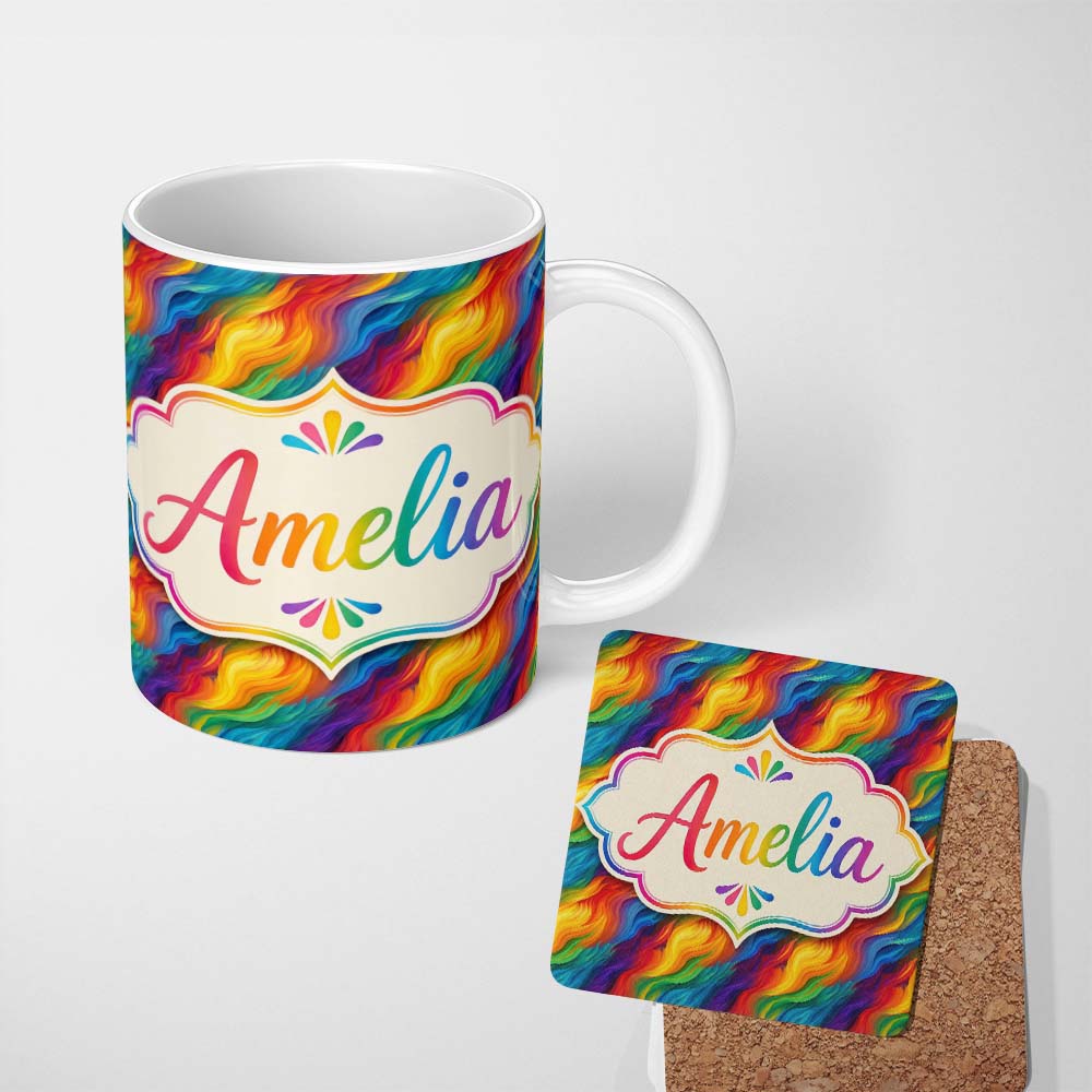 Personalized Custom Name Vibrant Rainbow Flowing Paint Waves Seamless Pattern Lovely 11oz Ceramic Coffee Tea Mug White Large Handle