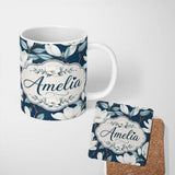 Personalized Custom Name Magnolia Flowers with Blue Leaves on Dark Background Seamless Lovely 11oz Ceramic Coffee Tea Mug White Large Handle
