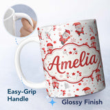 Personalized Custom Name Cute Santa Claus Watercolor Gift Candy Cane Seamless Pattern Lovely 11oz Ceramic Coffee Tea Mug White Large Handle
