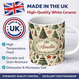 Personalized Custom Name Festive Christmas Trees Gifts Snowflakes and Ornaments Seamless 11oz Ceramic Coffee Tea Mug White Large Handle