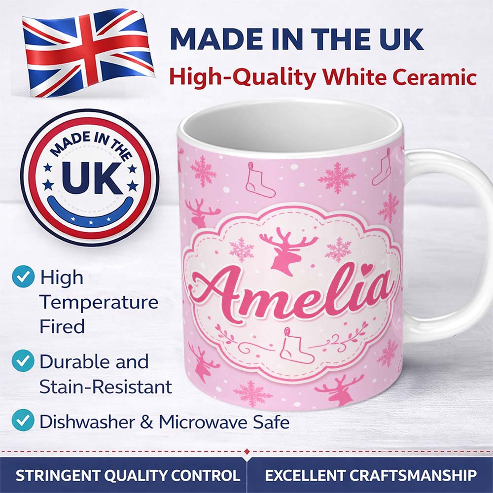 Personalized Custom Name Minimal Pink Reindeer Snowflake Stocking Seamless Pattern Lovely 11oz Ceramic Coffee Tea Mug White Large Handle