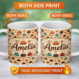 Personalized Custom Name Autumn Coffee Cups with Falling Leaves Seamless Pattern Lovely 11oz Ceramic Coffee Tea Mug White Large Handle