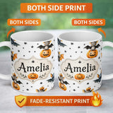 Personalized Custom Name Cute Halloween Bats Sitting on Pumpkins with Stars Grey Background 11oz Ceramic Coffee Tea Mug White Large Handle